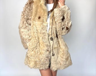 Natural leather shearling sheepskin coat penny lane afghan trimmed reversible sheep fur spotted real unique double sided original M medium