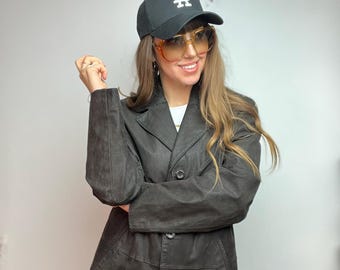 Leren vintage jas lente trench donkerbruin blazer maat M L oversize echt leer retro natuurlijk losse duster klassiek