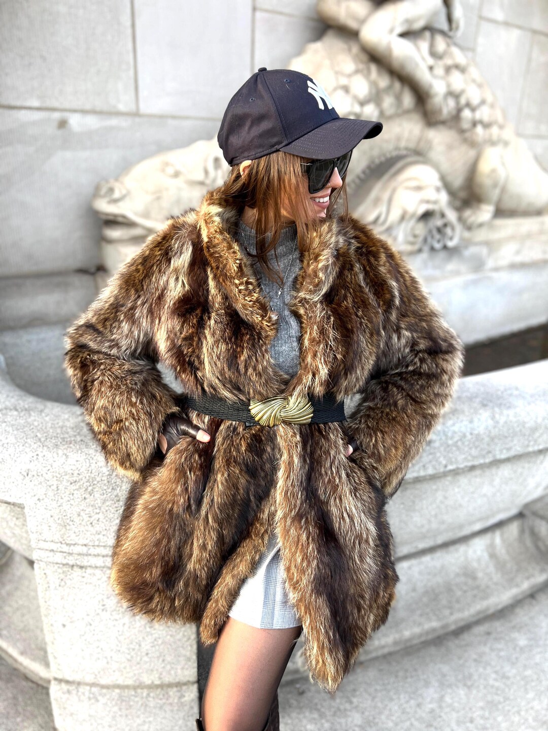 Vintage Real Fur Coat Natural Racoon Brown Gray Long Rowe Luxury