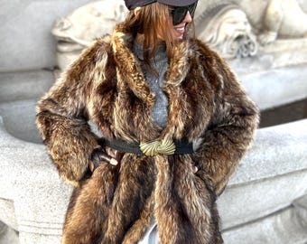 Vintage Real Fur Coat Natural Racoon Brown Gray Long Rowe Luxury