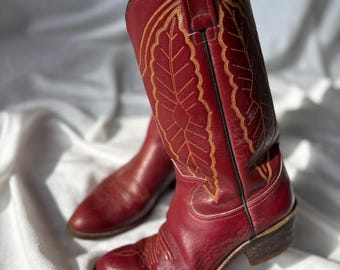 Botas vaqueras vintage de piel color rojo burdeos, estilo western, talla 38/39, estilo bohemio, estilo suroeste, para mujer, estilo clásico rodeo, bordado, festival, talla 5 1/2