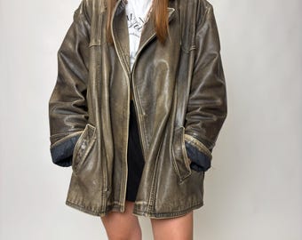 Vintage leather jacket Real genuine brown distressed zip oversize 80s aviator streetwear Man woman unisex worn effect patina