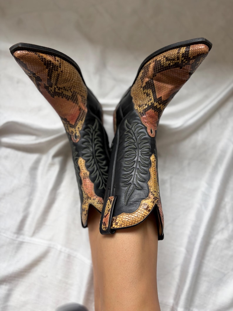 Puede incluir: Botas de vaquero negras con estampado de piel de serpiente en tonos marr&oacute;n, beige y rosa. Las botas tienen puntas puntiagudas y costuras decorativas. Una elecci&oacute;n de calzado elegante.