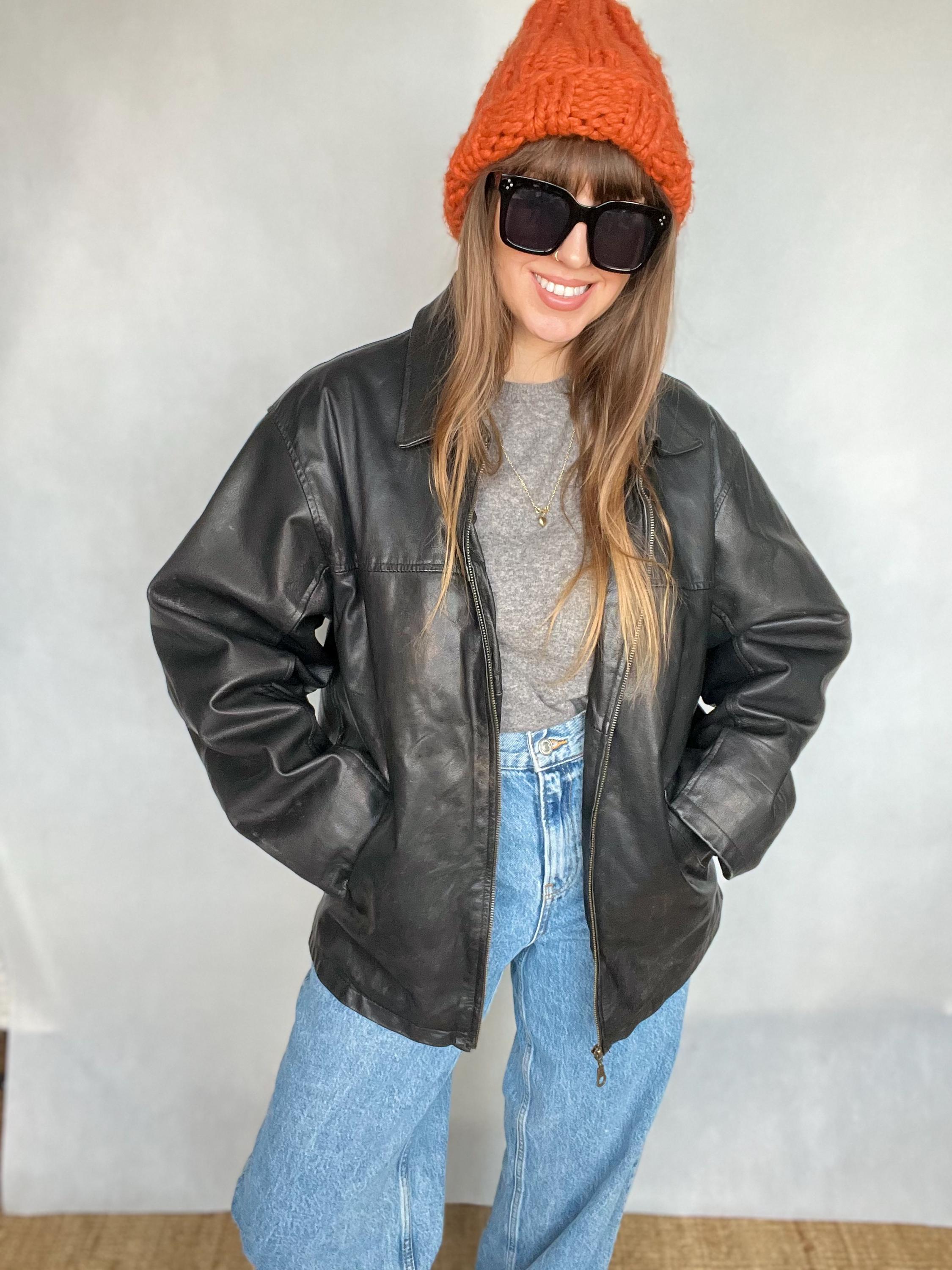 Vintage Black Leather Jacket Coat Washed Medium Large Warm