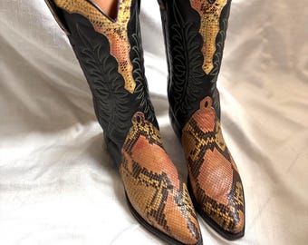 Vintage cowboy boots Tony Mora 39 39.5 real leather black beige snake print western boots boho style ethno Indian woman southwestern