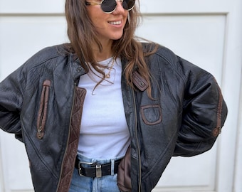 Giacca bomber vintage in vera pelle nera oversize taglia L uomo donna stile squadrato anni '80 '90 classico taglia L 38 48 moto biker bombardiere super morbida