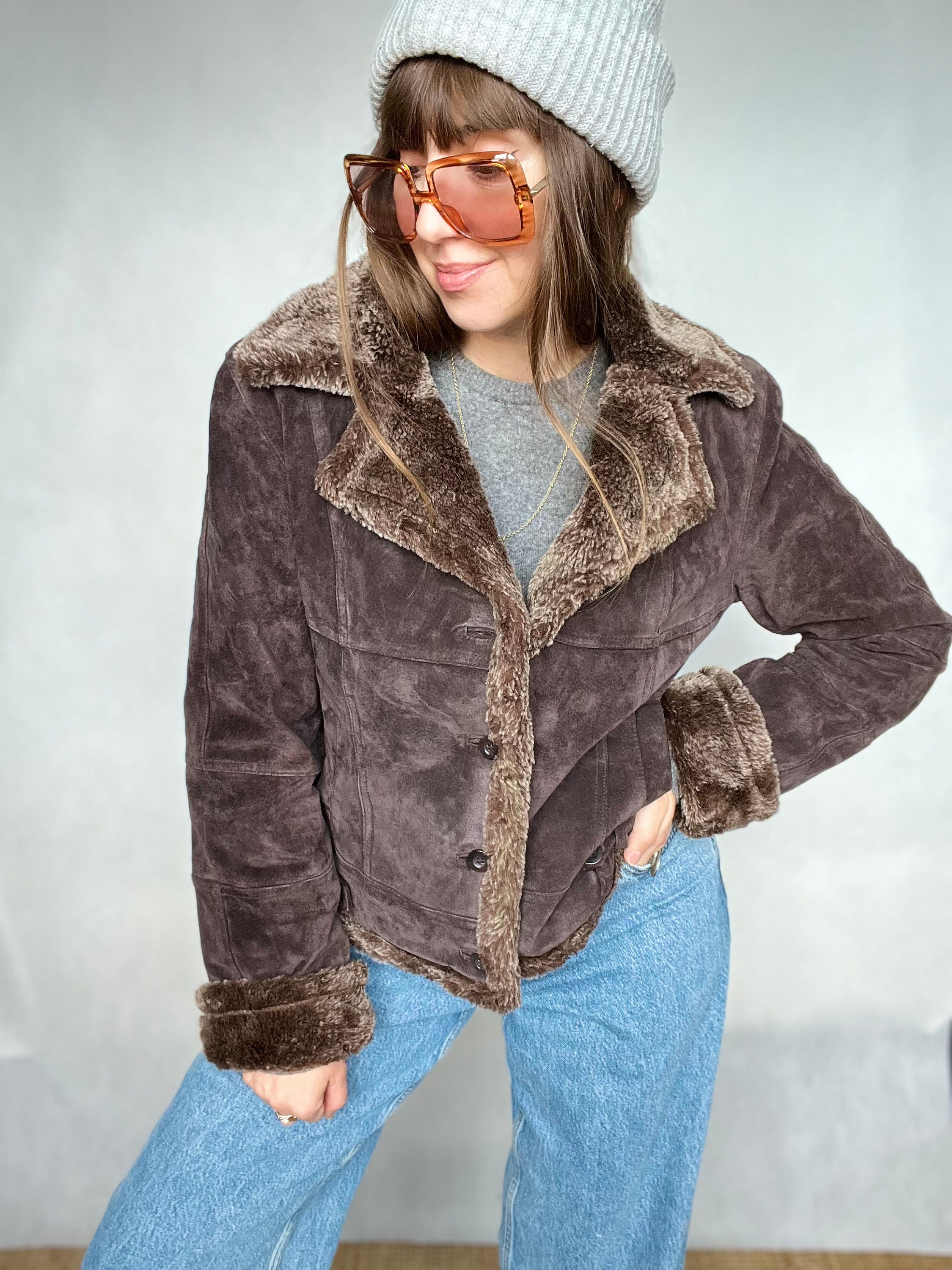 Vintage Beige Faux Shearling Lined Suede Zip-Front Jacket - L