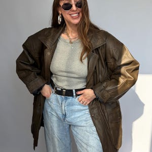 Vintage-Lederjacke, braun, Damen- und Herrenblazer, Oversize, 80/90, Retro-Look, Used-Look, gewaschen, lang, 58/58, XXL/XL, Echtleder Bild 8