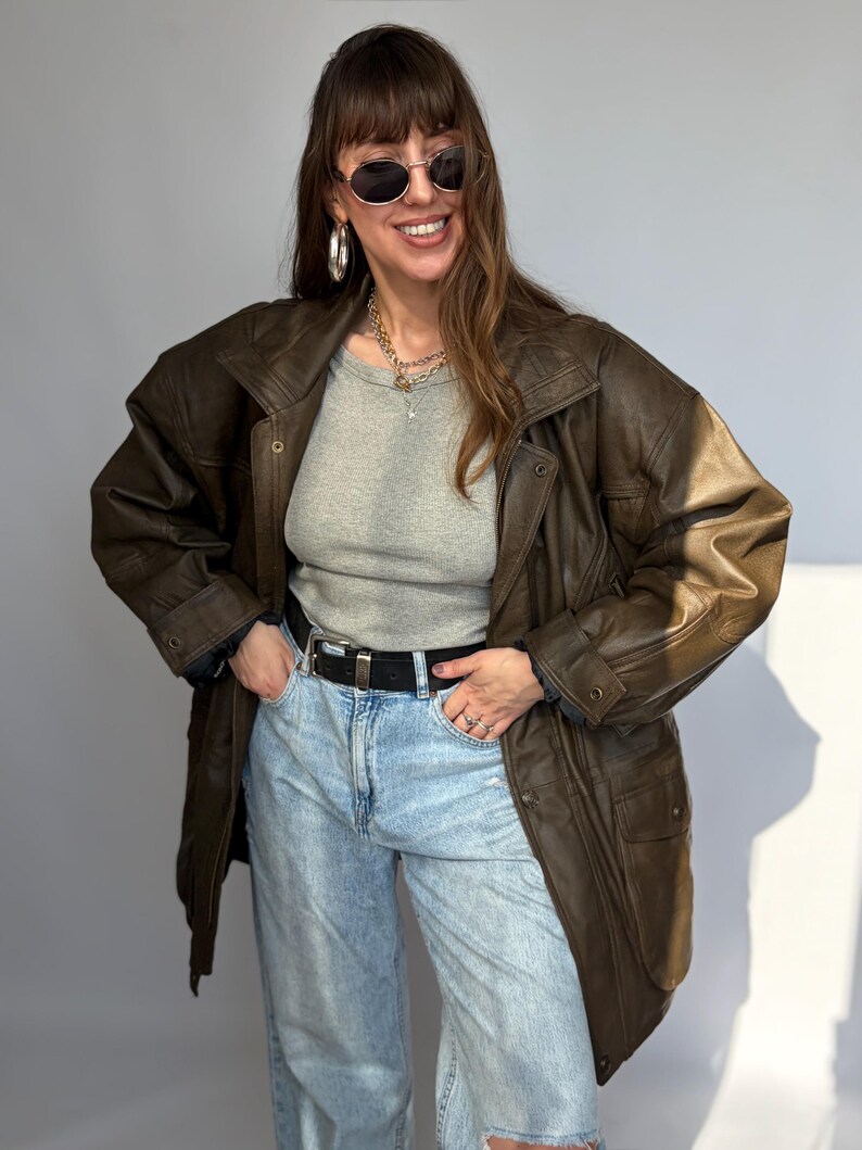 Vintage-Lederjacke, braun, Damen- und Herrenblazer, Oversize, 80/90, Retro-Look, Used-Look, gewaschen, lang, 58/58, XXL/XL, Echtleder Bild 8