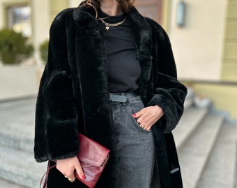 Vintage Faux Fur Coat Jacket Black Oversized Large 44 GB 18