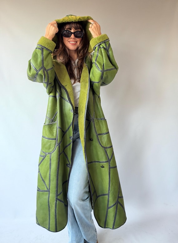 Vintage Green Shearling Sheepskin Coat Green Leather Patchwork Hooded Afghan Long Overcoat pinterest Boho Chic Winter Jacket Women Large