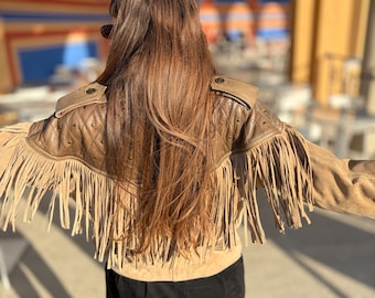 Veste cowboy en daim beige marron à franges, style western vintage, ceinture à franges, taille S/M 38, oversize, style ethnique indien, bomber, ceinture à nouer, Coachella