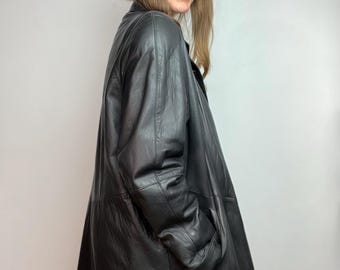 Long leather vintage coat jacket black classic large 44 maxi trench genuine leather straight loose fit soft woman spring