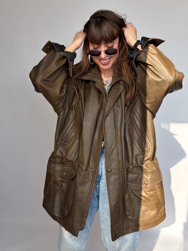 Vintage-Lederjacke, braun, Damen- und Herrenblazer, Oversize, 80/90, Retro-Look, Used-Look, gewaschen, lang, 58/58, XXL/XL, Echtleder Bild 4