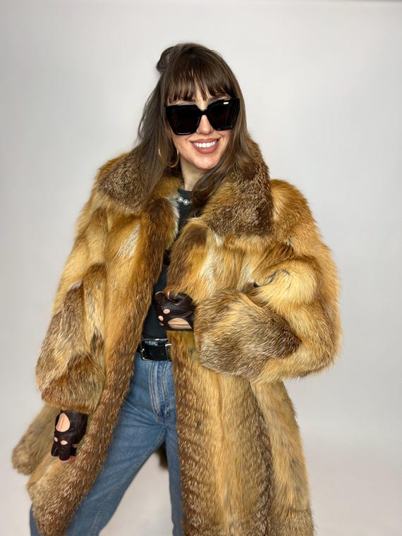 Vintage Real Fur Coat Natural Red Golden Fox Beige Rows Luxury Mob