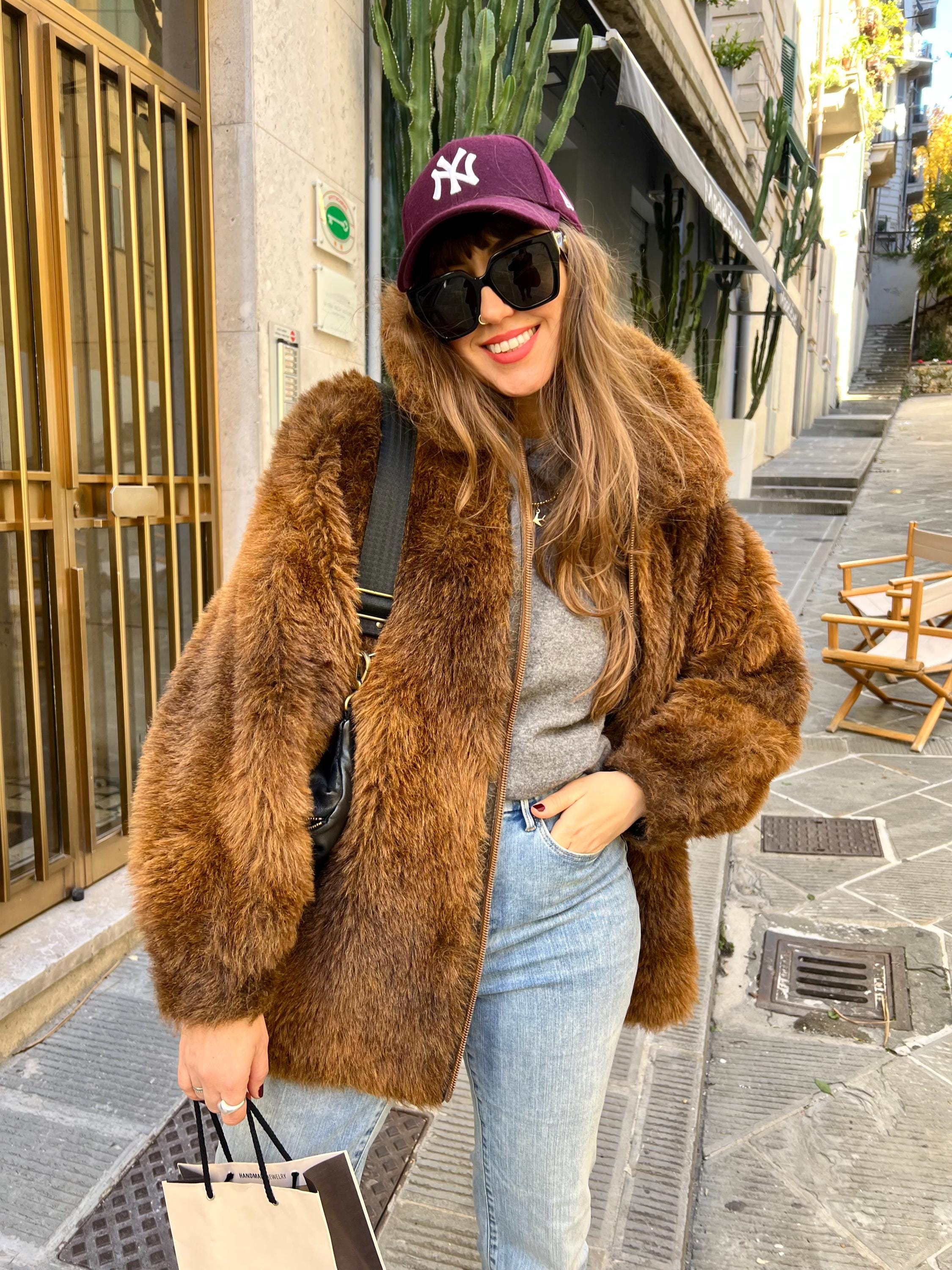 Vintage Faux Fur Coat Jacket Brown Dark Chocolate Bell Sleeves Mob