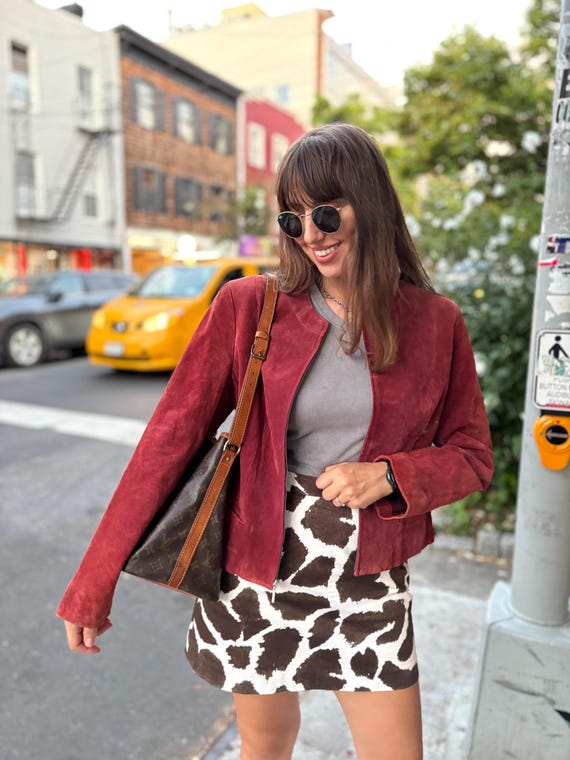 Vintage suede jacket red brown saffron zip up woman autumn classic minimalistic boho burgundy M /L