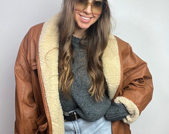 Vintage bomber jacket real leather faux shearling brown oversize 80' streetwear woman bat fit