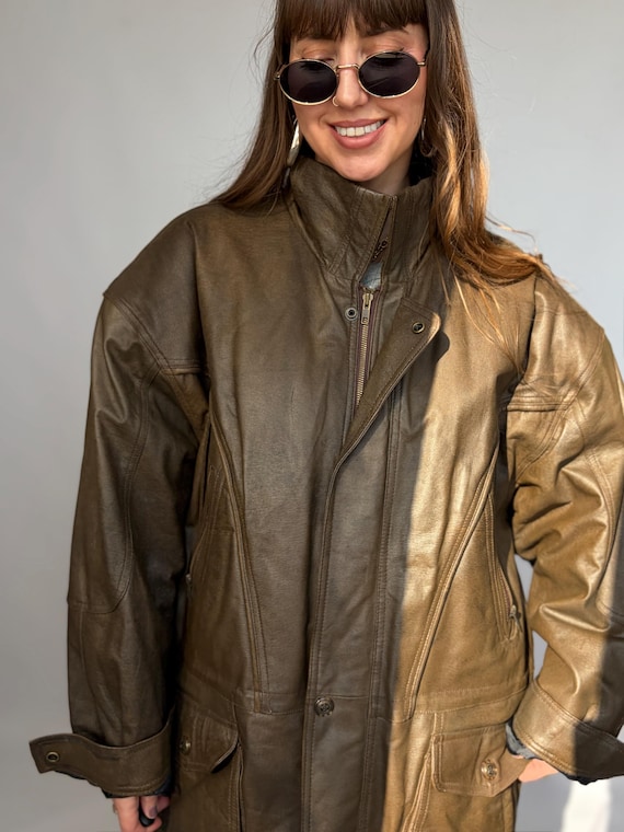 leather vintage jacket brown coat woman man blezer oversize 80 90 retro distressed washed long 58 xxl xl genuine leather