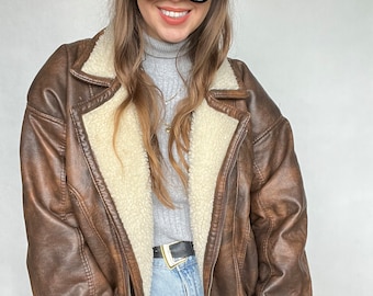 Vintage bomber jacket eco leather faux shearling brown zip oversize 90’ streetwear Man woman unisex distressed