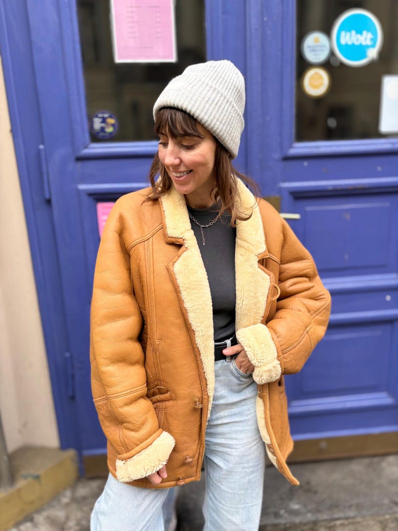 Vintage shearling jacket coat real sheepskin brown white fur leather size L/XL wool bomber rancher classic sherpa western unisex man woman image 2