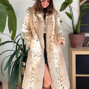 Vintage Long Faux Fur Coat Lynx Snow Fox Animal Print Faux Fur Maxi Coat Snow Owl Leopard Spots Glam Coat Women Small Medium White patterned