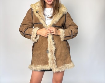 Natural leather shearling sheepskin coat penny lane afghan trimmed reversible sheep wool spotted real unique double sided original M medium