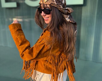 Veste/manteau vintage à franges en daim marron style cowboy western, longues franges en cuir véritable, taille L, style bohème indien, style sud-ouest américain, été Coachella