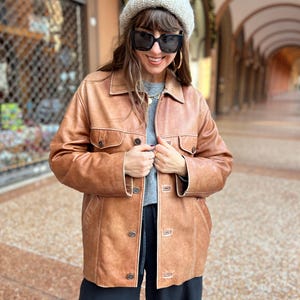 veste vintage en cuir marron manteau femme homme blazer oversize 80 90 rétro vieilli délavé camel L/50 cuir véritable souple