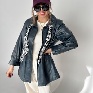 Veste en cuir vintage noire pour femme, blazer avec écharpe, style rétro, unique, surdimensionné, années 80 et 90, streetwear, rétro, L, XL