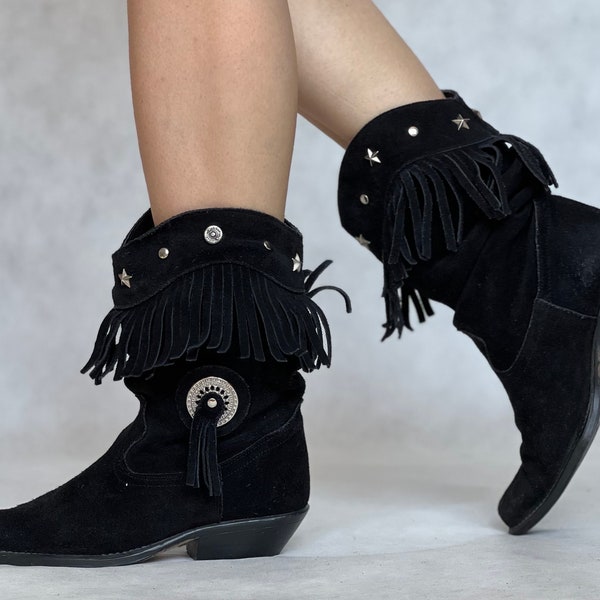 Cowboy boots vintage Wrangler Real suede leather black fringes boho boots woman 5 / 38 / 24.5 cm fringed Indian style medium high woman