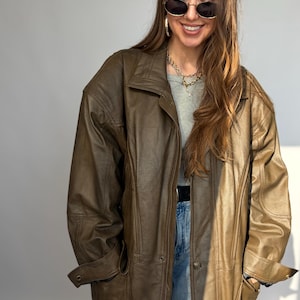 Vintage-Lederjacke, braun, Damen- und Herrenblazer, Oversize, 80/90, Retro-Look, Used-Look, gewaschen, lang, 58/58, XXL/XL, Echtleder Bild 12