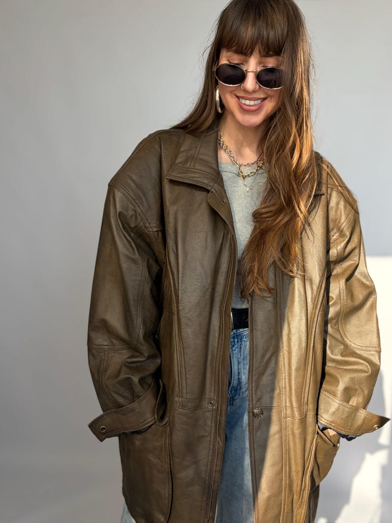 Vintage-Lederjacke, braun, Damen- und Herrenblazer, Oversize, 80/90, Retro-Look, Used-Look, gewaschen, lang, 58/58, XXL/XL, Echtleder Bild 12