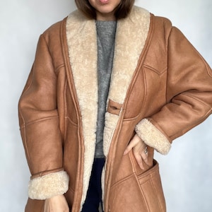 Amazing natural shearling vintage coat sheepskin jacket light brown with sheep wool inside unisex man woman large classic thick XL l