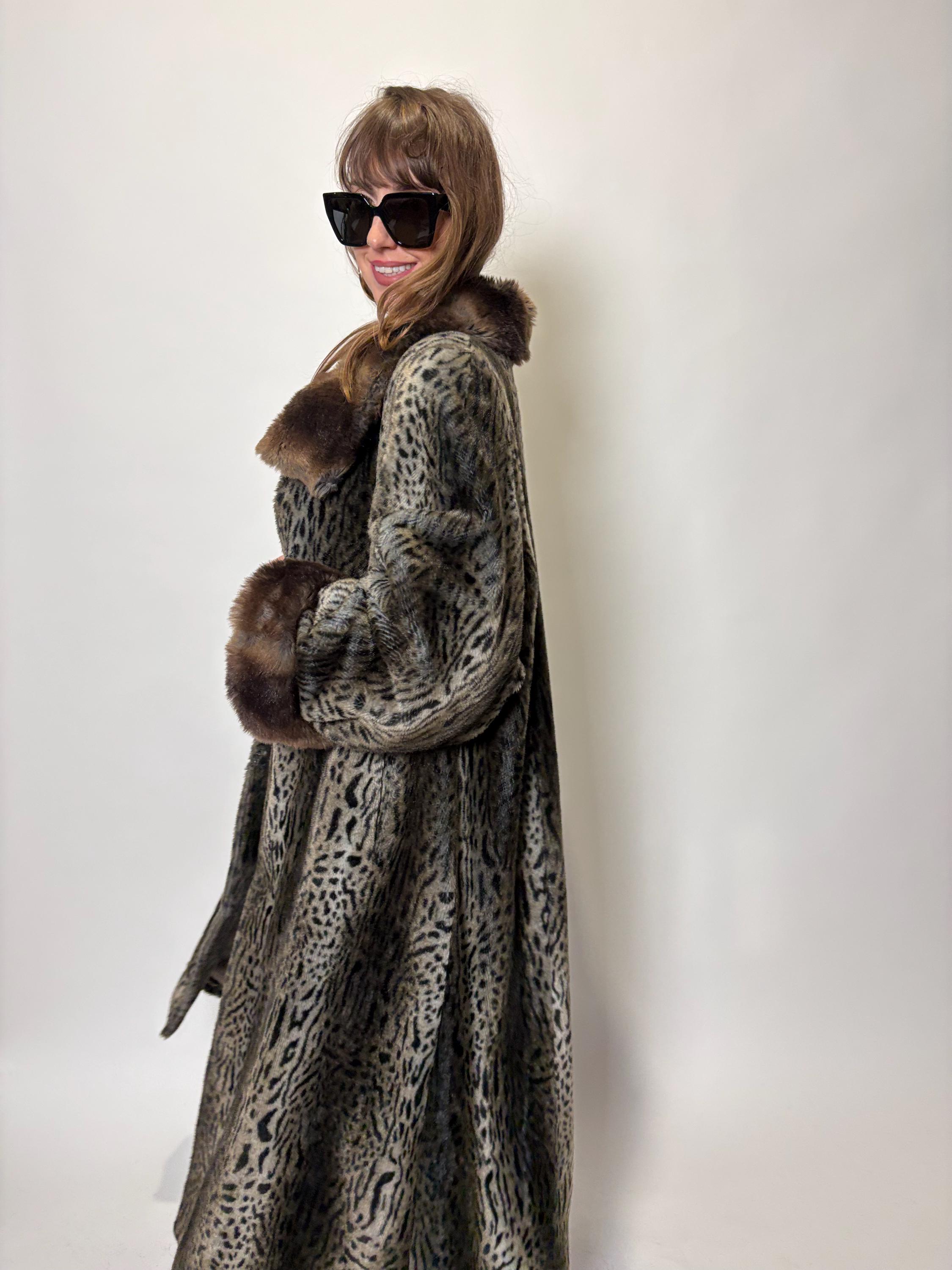 ヴィンテージフェイクファーコート ロング ブラウン グレー チーター 