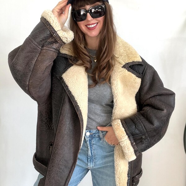 vintage shearling jacket real leather aviator pilot fur unisex bomber woman Man 58 oversize sherpa collar brown zip up warm belt sheepskin