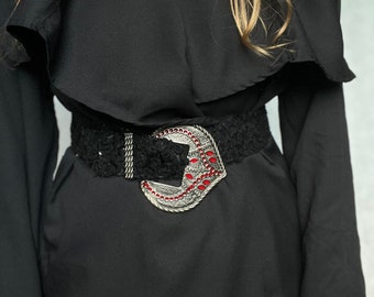 Vintage belt with large buckle silver wide fur boho with decoration