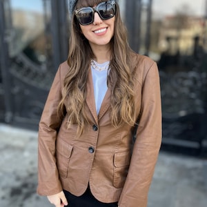 veste blazer vintage cuir véritable Hauber printemps marron clair 100% lamm nappa doux femme anni 80 camel