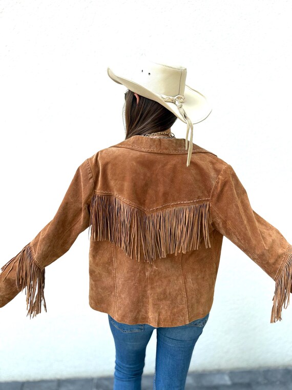 Brązowa zamszowa kurtka z frędzlami vintage skóra naturalna czekoladowa jesień karmel festiwal boho indiańska fringed cowboy western M L