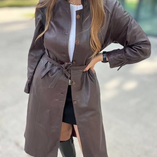 Long leather vintage coat trench dark Brown cherry spring woman M L 10 with belt button up midi knee genuine leather