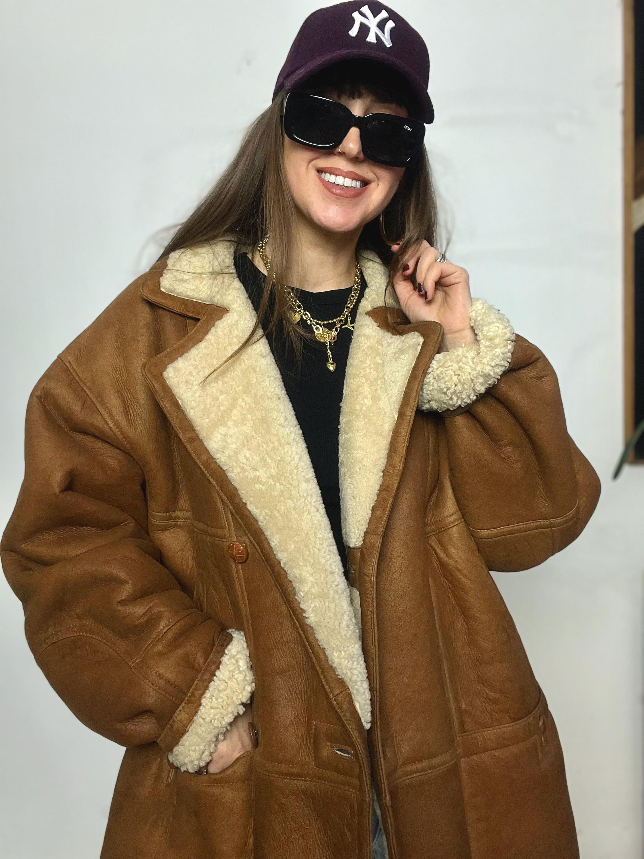 Natural Shearling Vintage Coat Jacket Suede Real Sheepskin Brown