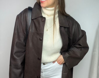 Vintage leather jacket brown classic dark man unisex 90 80 streetwear minimalistic genuine leather soft like new
