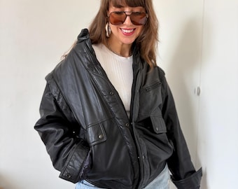 real leather vintage bomber jacket black oversize man woman boxy 80s 90s classic size S moto biker bombardier soft retro