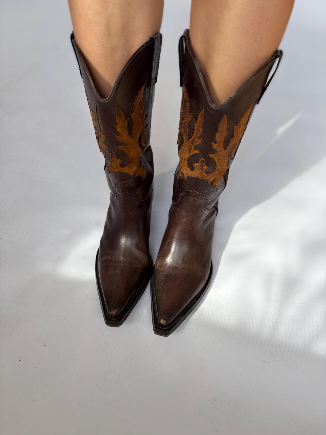 Cowboy boots vintage 39 6 beige Brown  leather western festival boho style etno Indian woman southwestern rodeo embroidered summer classic, foto 4 di 5