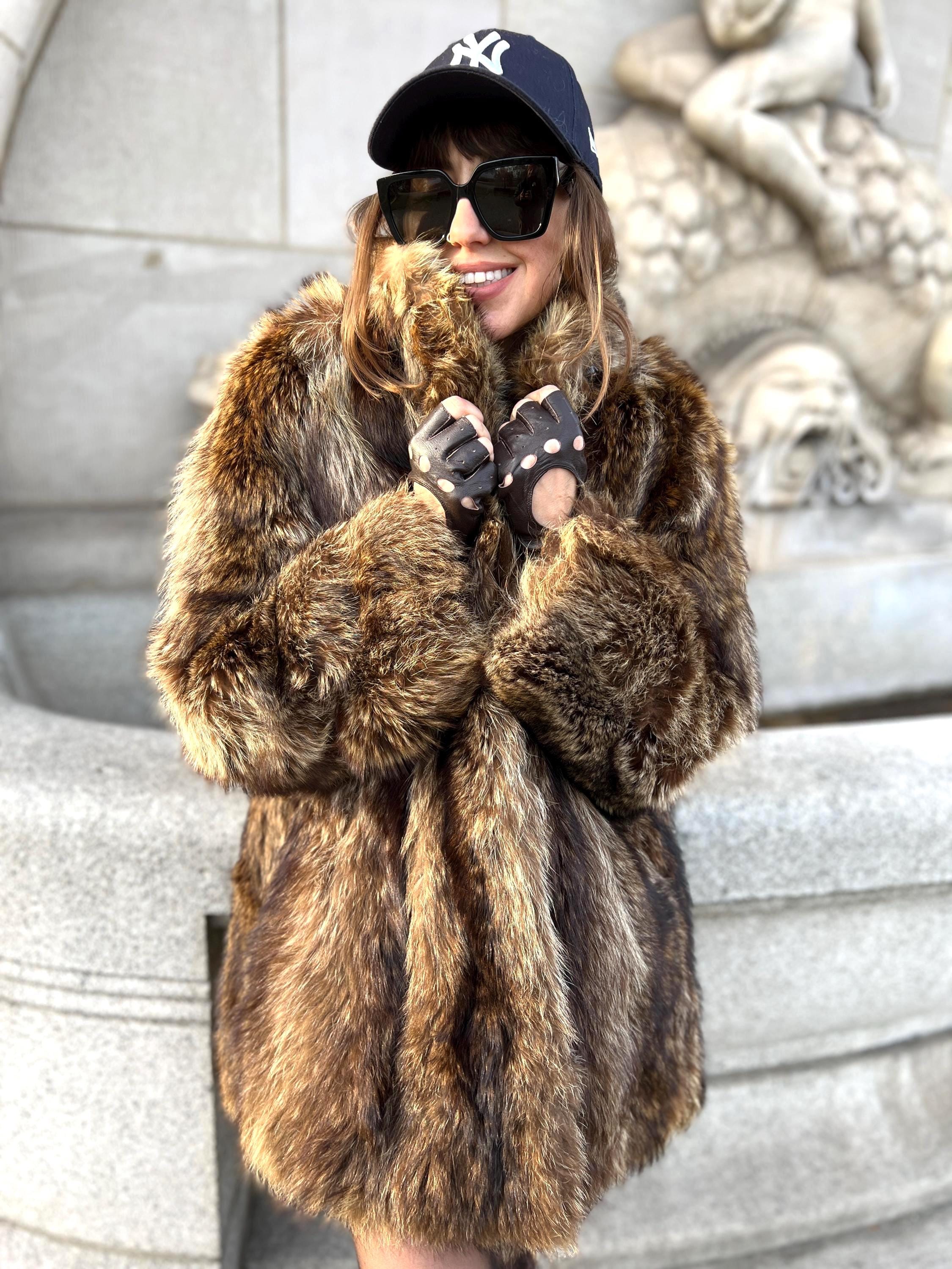 Vintage Real Fur Coat Natural Racoon Brown Gray Long Rowe Luxury