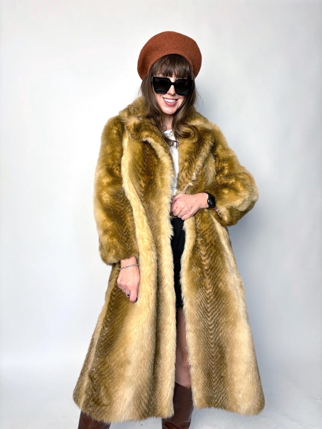 ジャケット・アウター vintage fur jacket / Mods coat Vintage Faux Fur Coat Long Red Brown Beige Fox Mink Golden Mob