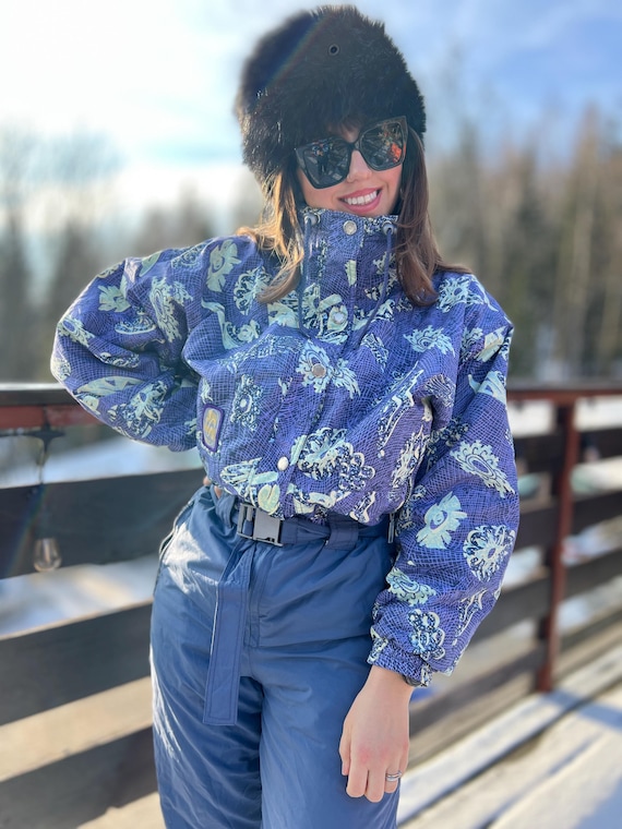 Tuta da sci vintage da montagna Etirel ski retro blu floreale