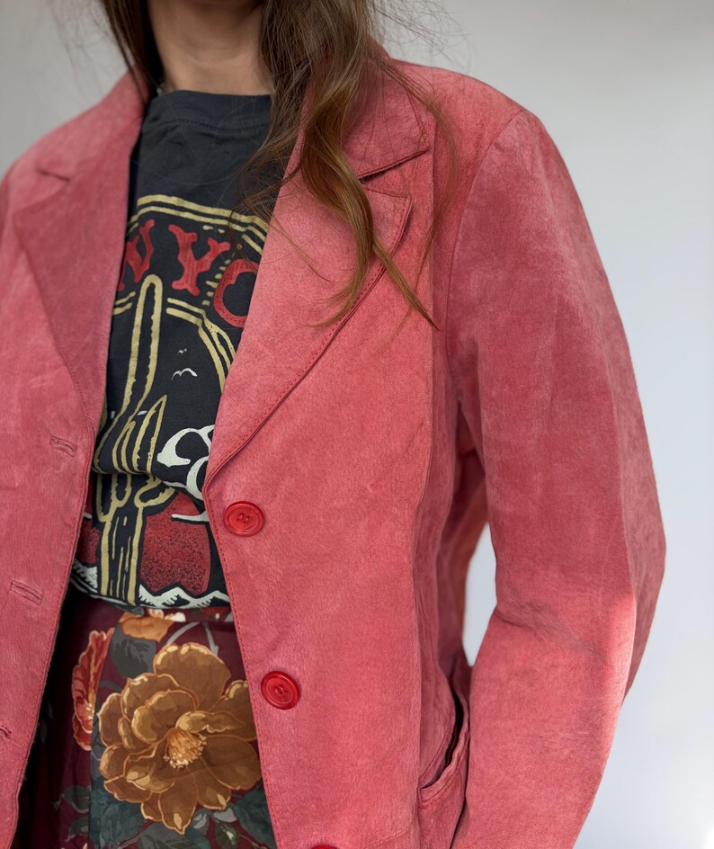 Vintage real suede jacket pink rose woman spring blazer classic minimalistic boho padded M L natural leather image 9
