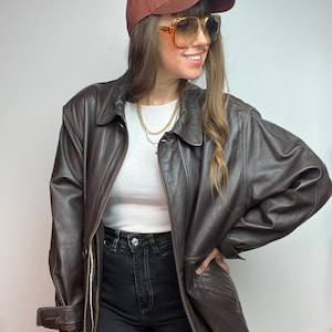 Veste en cuir marron vintage manteau classique printemps femme moyen grand chaud lavé cuir d'agneau vieilli 52 coupe droite régulière
