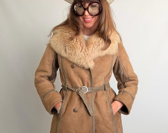 Vintage Beige Suede Shearling Coat Penny Lane Afghan Fur Collar Belted Jacket Real Sheepskin Winter Outerwear Women Small S tie waisted